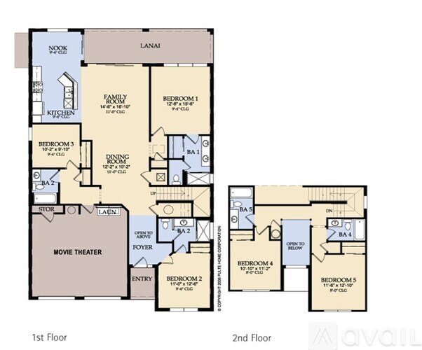 A floor plan of a two-story house with a lanai, a family room, a kitchen, a dining room, five bedrooms, a movie theater, and a foyer.