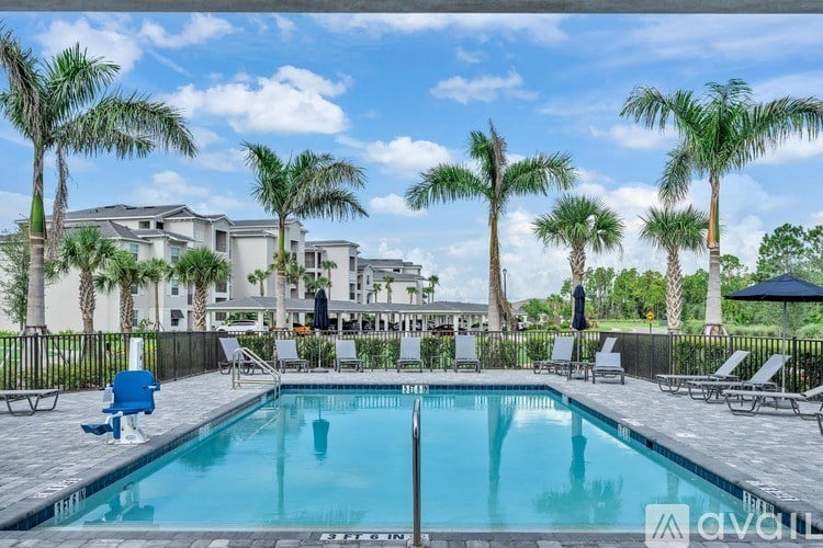 A pool surrounded by palm trees and lounge chairs.