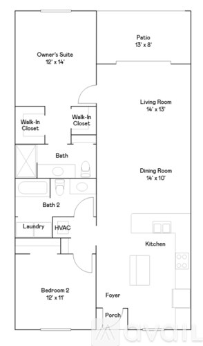 A floor plan of a home with labeled rooms such as a patio, living room, and kitchen.