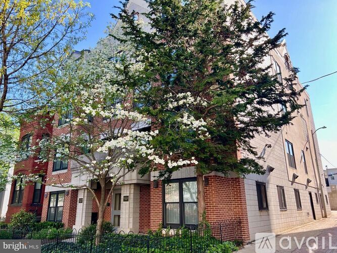A tree with white flowers is in front of a red brick building.
