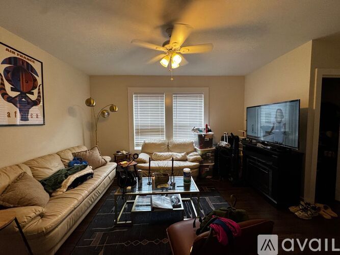 A living room with a couch, a coffee table, a television, and a ceiling fan.