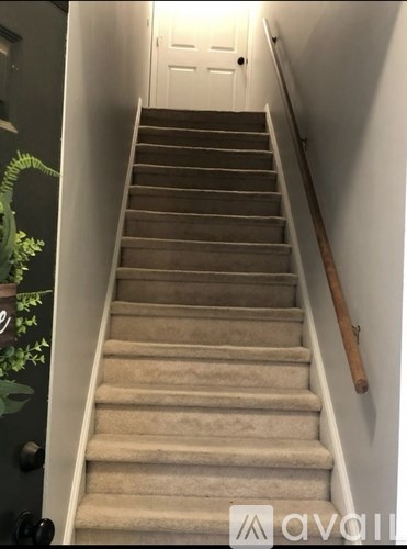 A staircase with a wooden handrail and beige carpeted steps.
