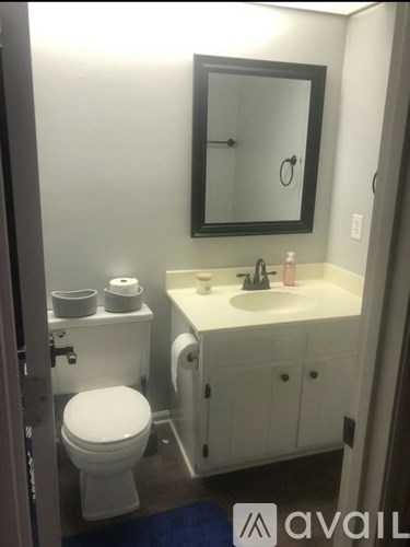A bathroom with a toilet, sink, and mirror.