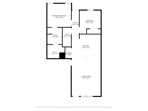 A floor plan of a house with a living room, kitchen, bathroom, and two bedrooms.