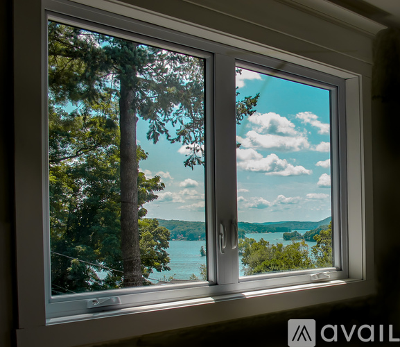 A window with a view of a lake and trees.