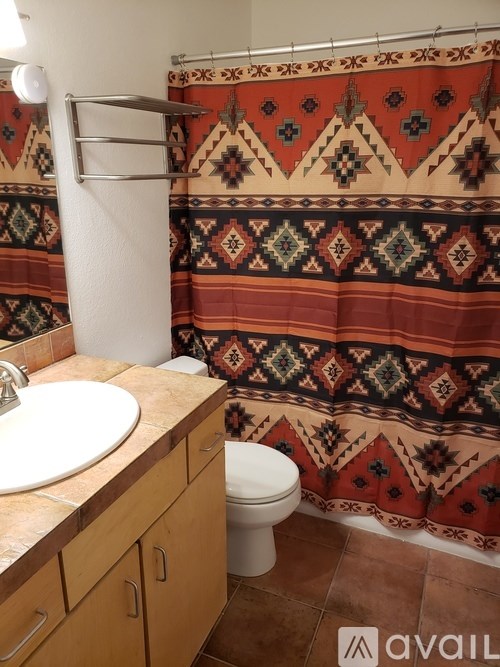 A bathroom with a shower curtain and a toilet.
