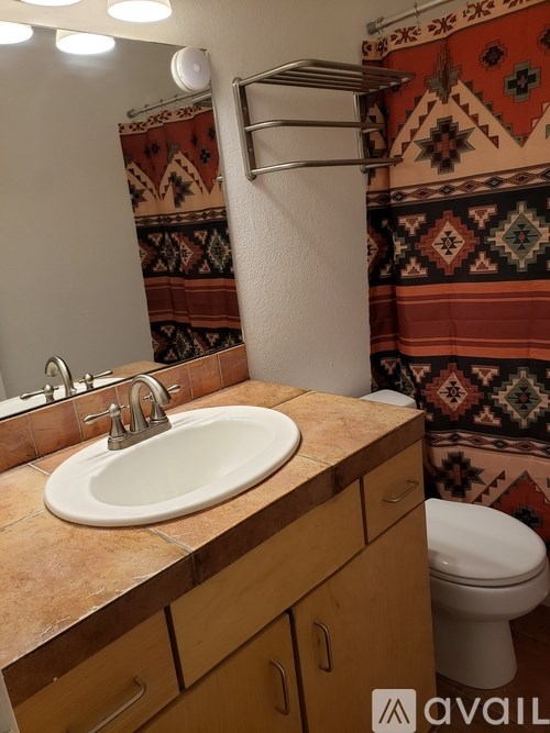 A bathroom with a sink, toilet, and a patterned shower curtain.