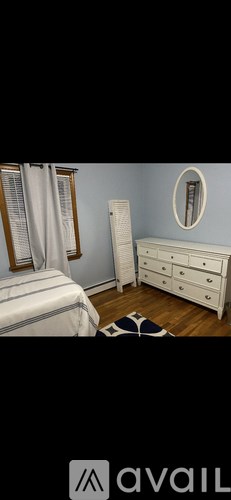 A bedroom with a bed, dresser, and mirror.