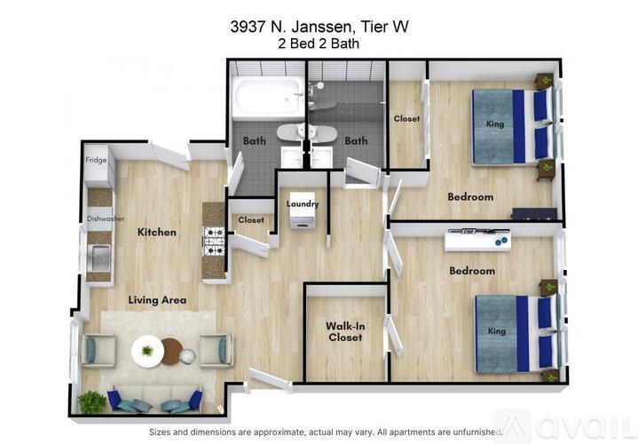 A floor plan of a 2 bedroom, 2 bath apartment located at 3937 N. Janssen, Tier W.