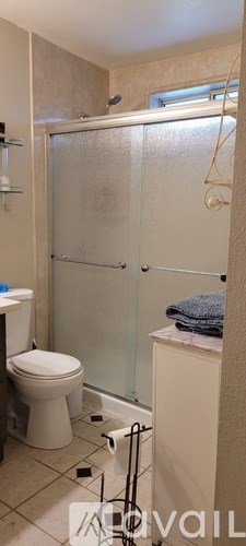 A bathroom with a toilet, sink, and shower.