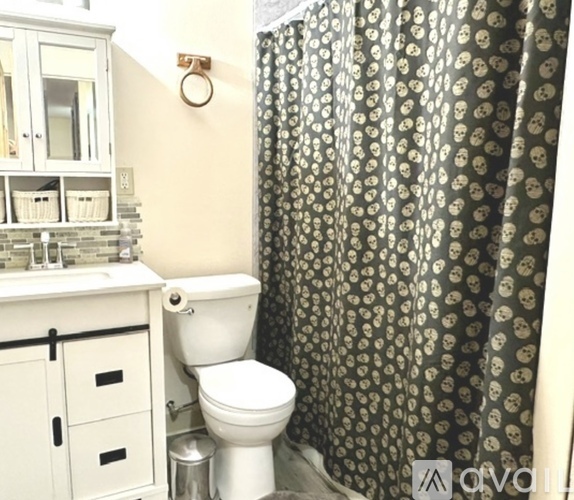 A bathroom with a toilet, sink, and shower curtain.