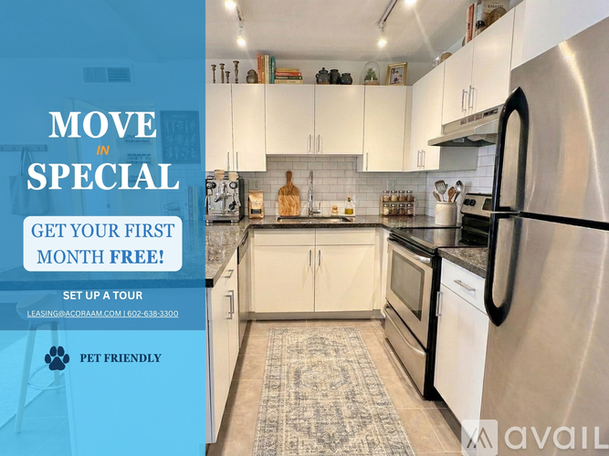A modern kitchen with a promotion for a free first month.