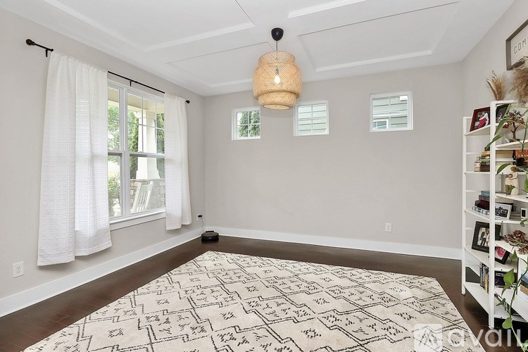A room with a patterned rug, a hanging light fixture, and a bookshelf filled with various items.