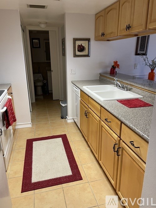 A kitchen with wooden cabinets and a white sink.