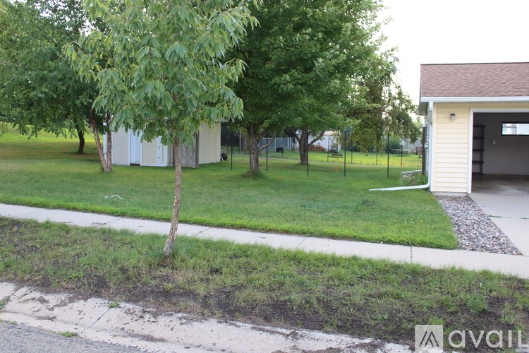 A tree in a yard with a house in the background.
