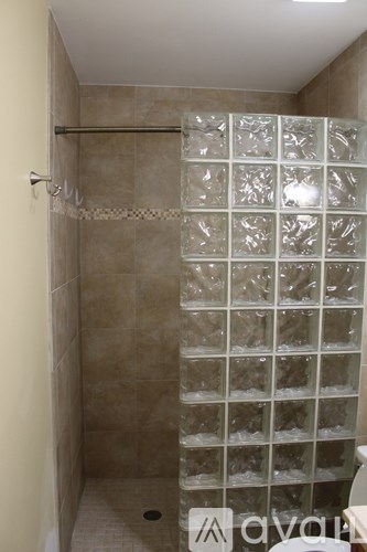 A shower with a glass block wall.