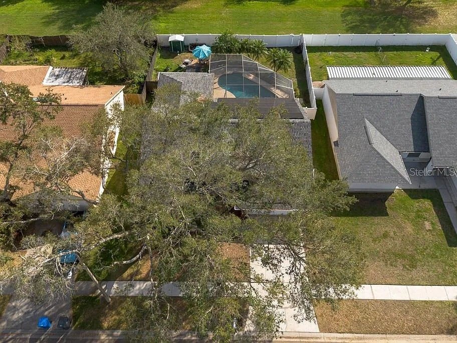 A tree in a yard with a house in the background.