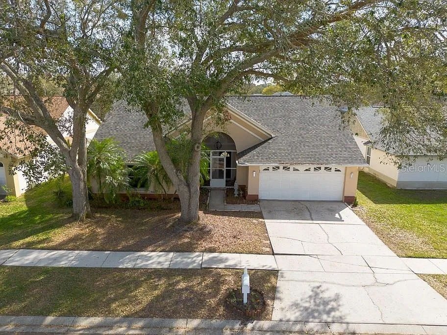 A house with a driveway and a tree in front.