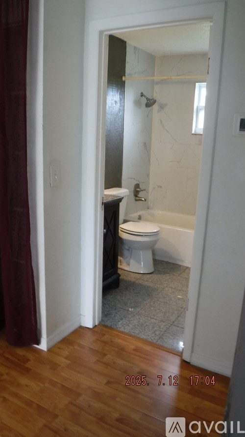 A bathroom with a toilet and a bathtub in the shower.