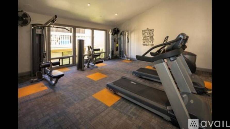 A gym with a treadmill, weights, and exercise equipment.