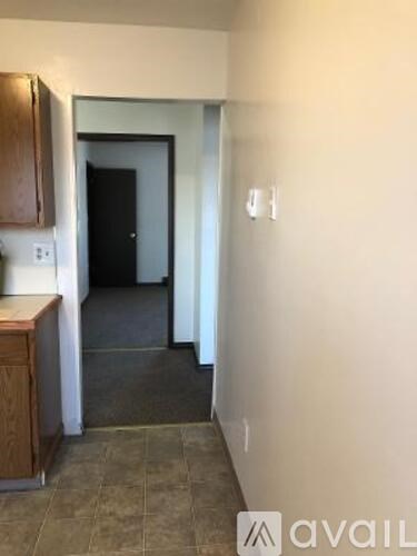 A kitchen area with a counter and cabinets.