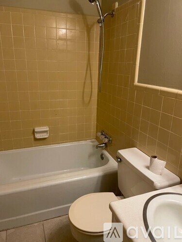 A bathroom with a tub, toilet and sink.