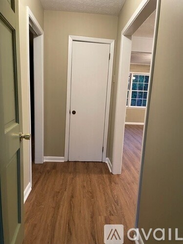 A white door is in a hallway with wood flooring.