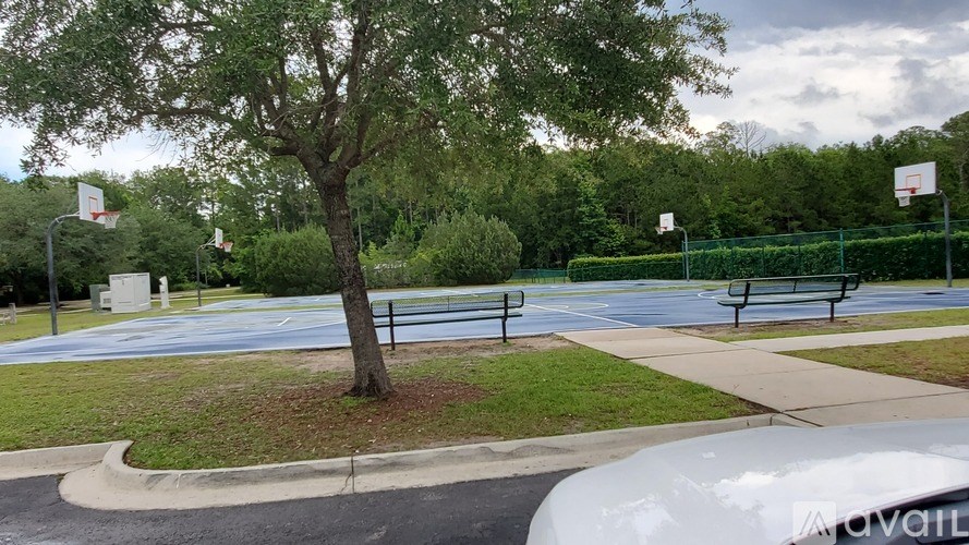 A basketball court surrounded by trees and a fence.
