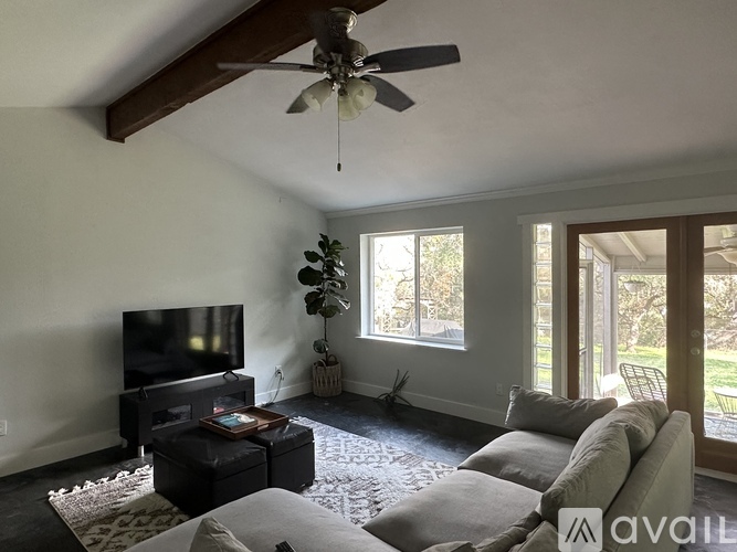 A living room with a television, a couch, and a rug.
