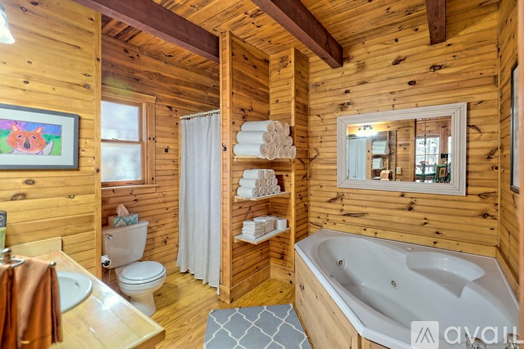 A wooden bathroom with a jacuzzi tub and a toilet.