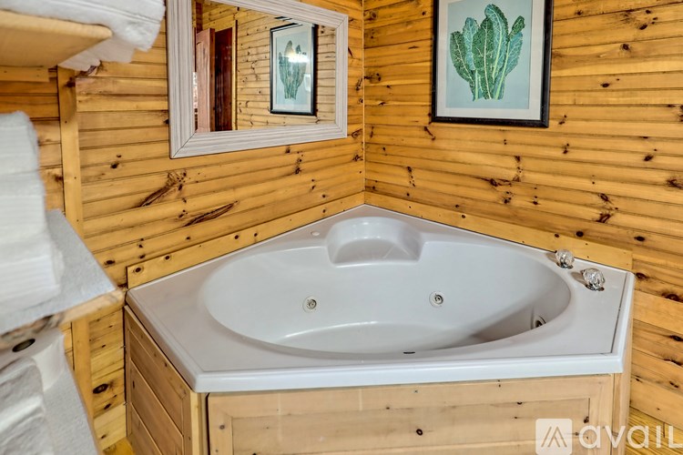 A jacuzzi tub sits in a wooden cabin with a cactus picture on the wall.