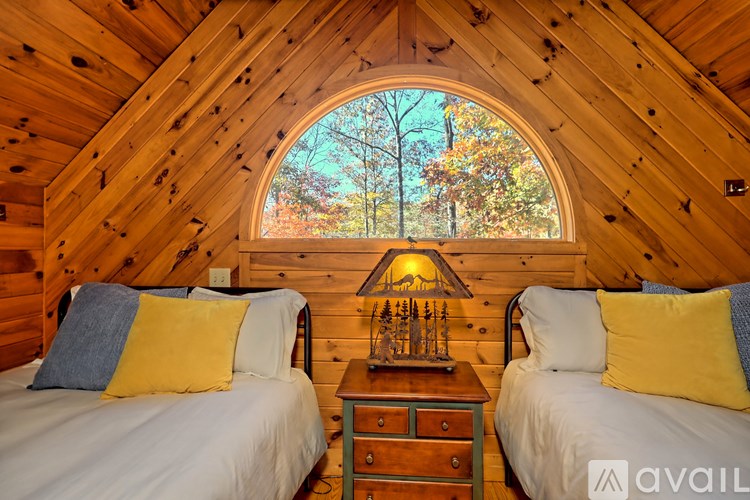 Two twin beds in a wooden cabin with a window showing trees.