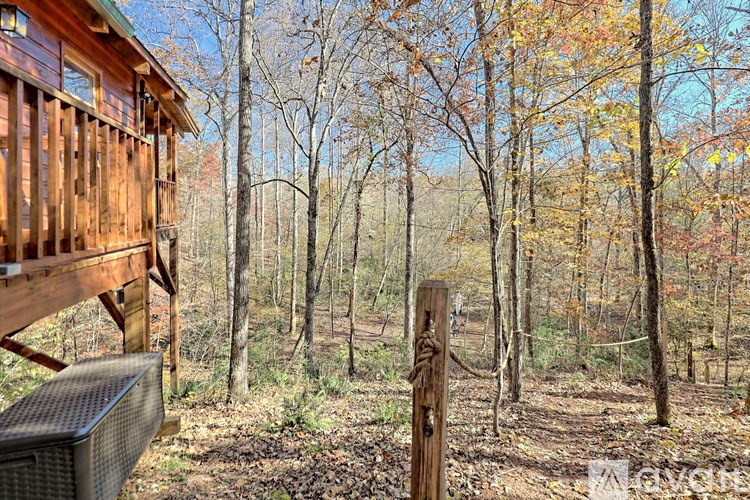 A wooden deck overlooks a forest with trees showing autumn colors.