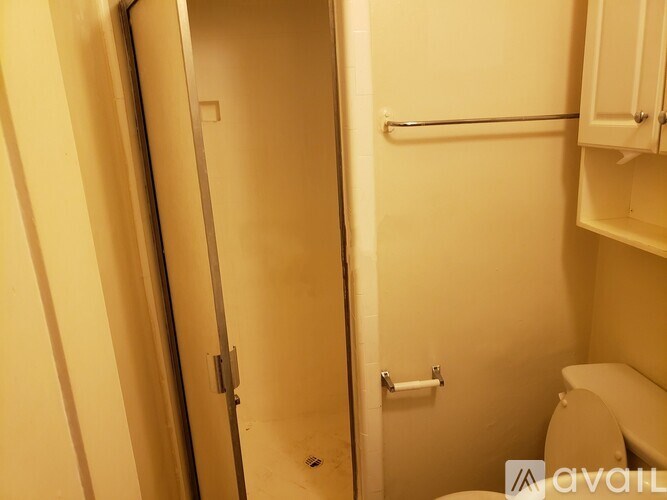 A bathroom with a toilet, a shower with a glass door, and a cabinet above the toilet.