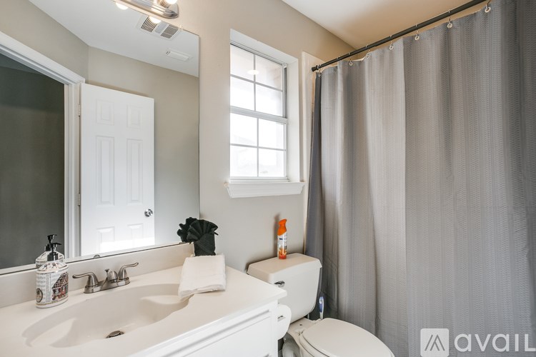 A bathroom with a white sink, toilet, and shower curtain.