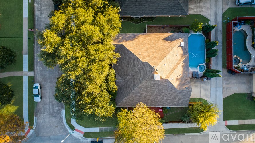 A house with a brown roof and a blue pool is surrounded by trees.