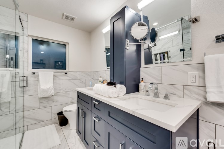 A modern bathroom with a walk-in shower and double sink vanity.