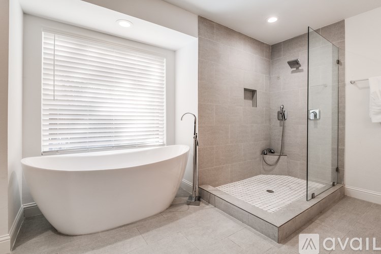 A modern bathroom with a white freestanding bathtub and a walk-in shower.