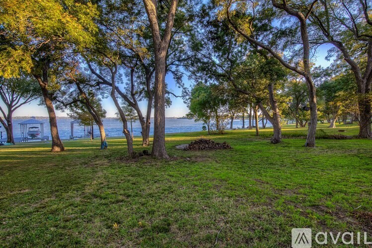 A grassy area with trees and a body of water in the distance.
