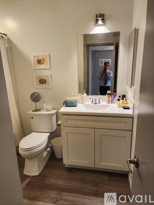A man is taking a picture of a bathroom with a toilet, sink, and mirror.