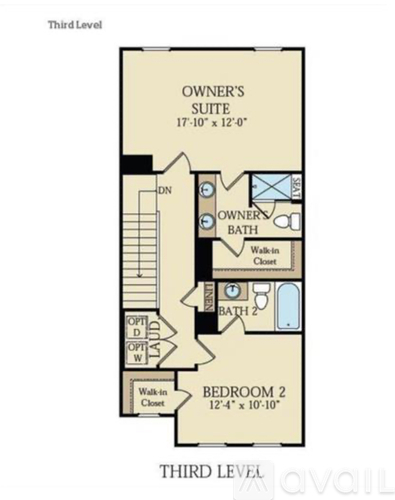A floor plan for a third level apartment with two bedrooms and an owner's suite.