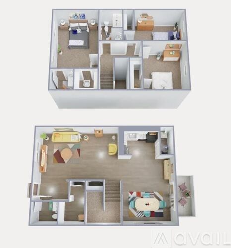 A floor plan of a two-story apartment with a living room, kitchen, bedrooms, and bathrooms.