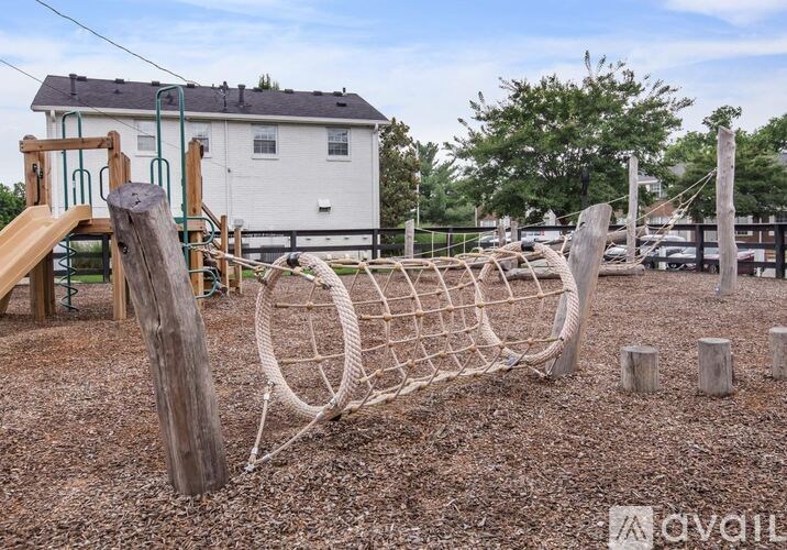 A playground with a rope swing set and a slide.