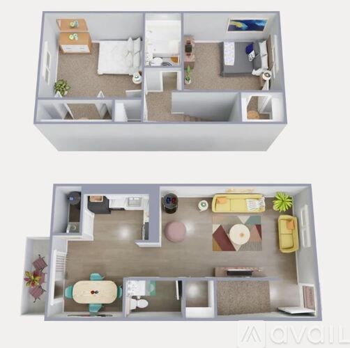 A floor plan of a small apartment with two bedrooms and a living area.