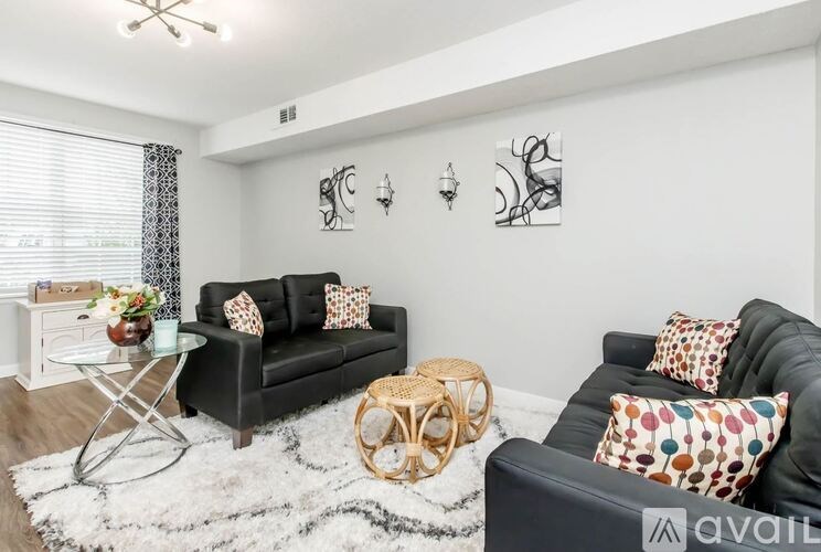 A black couch with colorful pillows sits in a room with a white rug.