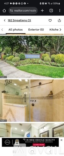 A real estate listing shows a property with a swimming pool and a modern kitchen.