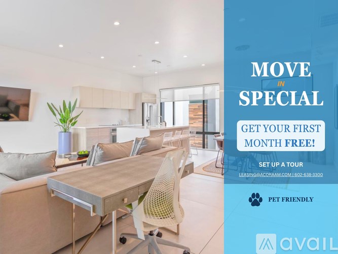 A modern living room with a special offer for a free first month.