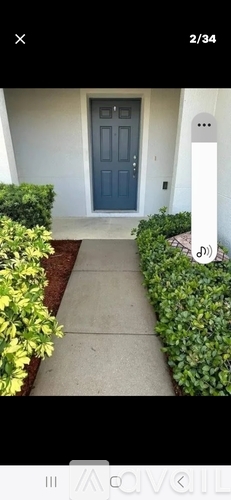 A blue door is visible through a green bush.