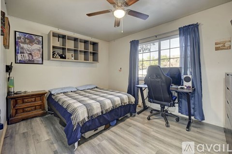 A bedroom with a bed, desk, and chair.