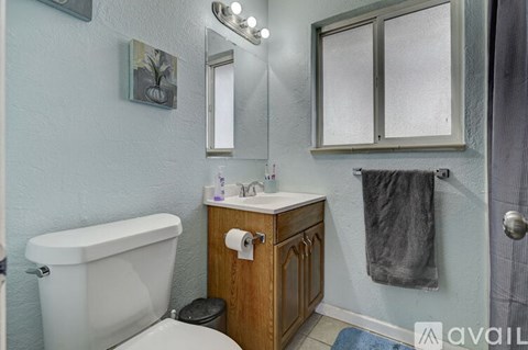 A bathroom with a white toilet, a wooden cabinet, and a mirror.